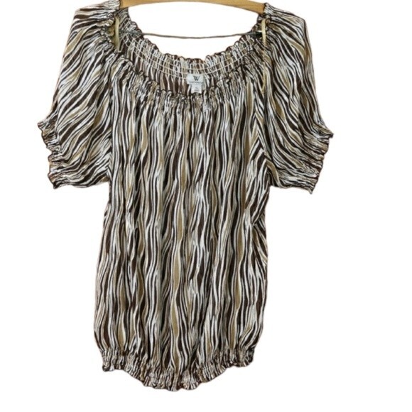 Vintage 90s Worthington Swirly Striped Trippy Wavy Print Sheer Top XL - Picture 1 of 12